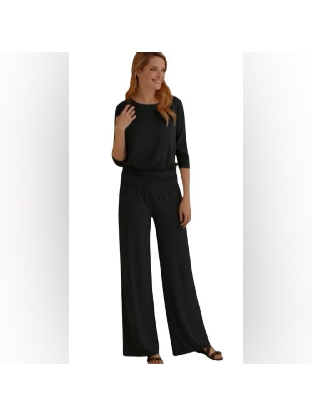 Soft Surroundings Black Modal Blend Wide Leg Jumpsuit 3/4 Sleeves Small
